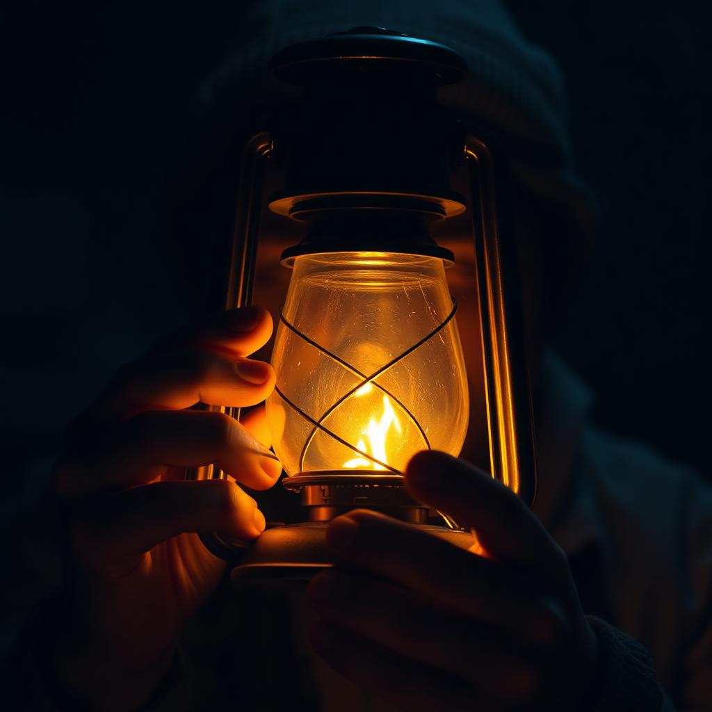 Hands cradling a glowing oil lantern in total darkness
