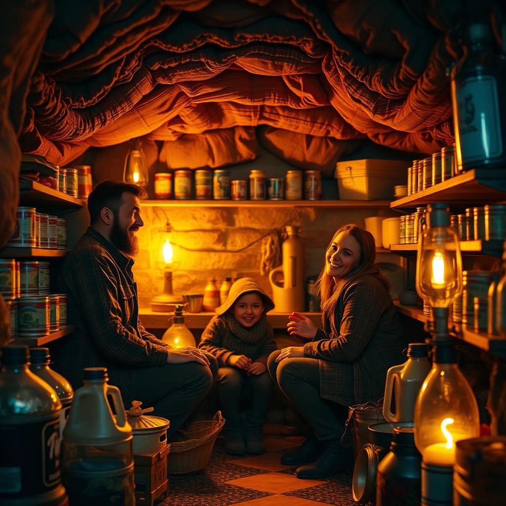 Family inside a warmly lit underground pantry with stockpiled food, water and lanterns